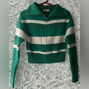 SO Green and White Striped Zip-Up Knit Top